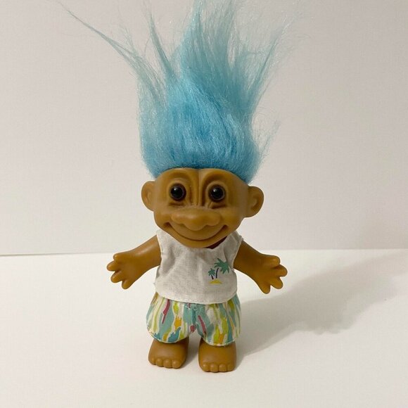 Vtg Russ Troll Doll Blue Hair Hawaiian Beach Style Shirt With Palm Trees 4 Inch - Picture 1 of 16